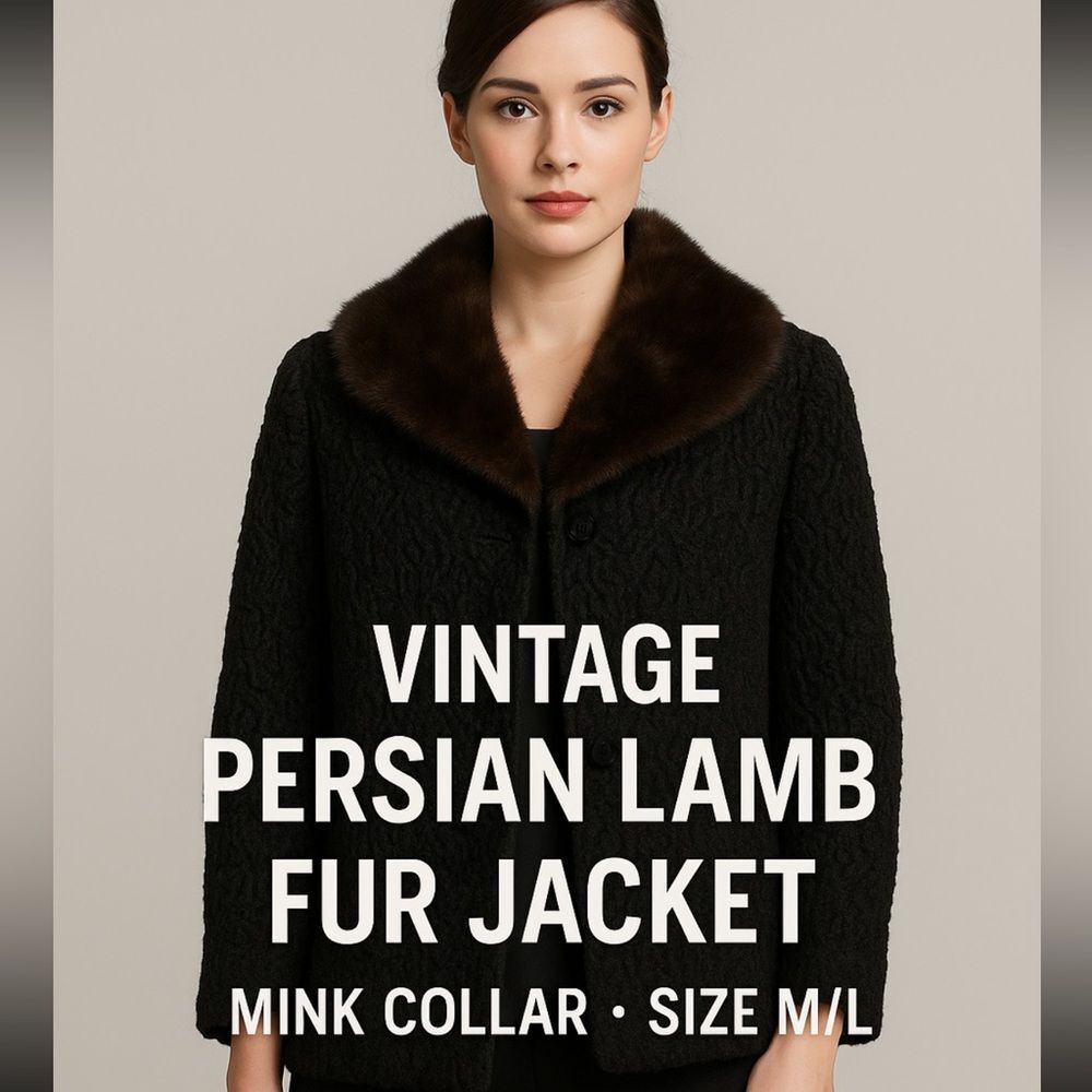Vintage Women’s SZ M/L Black Persian Lamb Fur Swing Coat W/Brown Fur Mink Collar